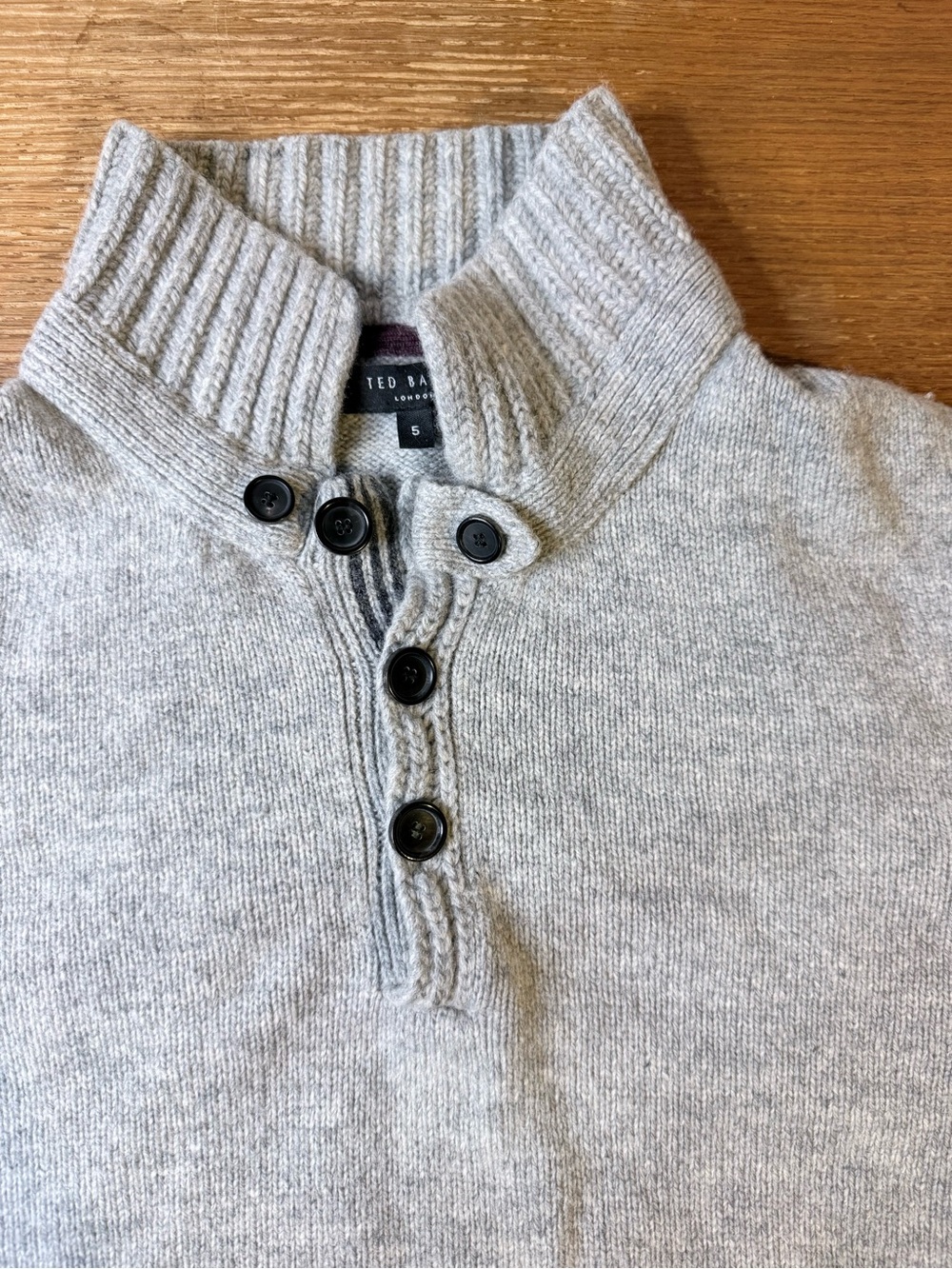 Ted Baker Mens Size 5 XL Gray Wool Cashmere Button Mock Neck Pullover Sweater